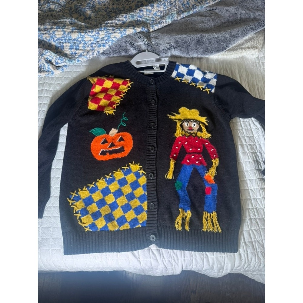 Vintage 90s Halloween Cardigan Sweater Scarecrow Pumpkin Patchwork Size XL - Picture 3 of 6